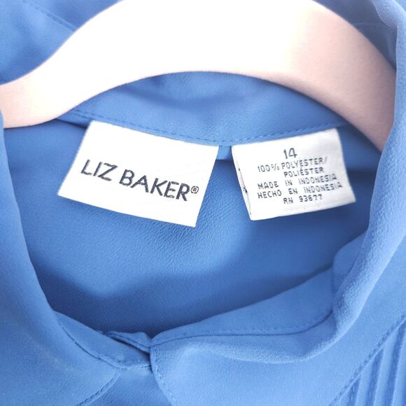 Vintage Liz Baker Womens 14 Blue Long Sleeve Pleated Blouse Button Down Shirt - Picture 3 of 6